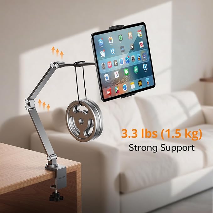 Tablet Stand iPad Phone Holder for Desk, Heavy Duty Aluminum 360° Rotating & Foldable Arm Mount Kindle Holder for Bed, Stand for iPad, Kindle, Portable Monitor, Samsung Galaxy Tab, Grey (Max 15.6")