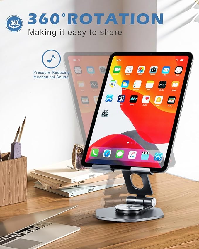 Foldable Aluminum Tablet Stand for Desk, 360° Swivel iPad & Tablet Holder – Portable & Stable Desktop Mount for 5–12.9in Devices, Grey