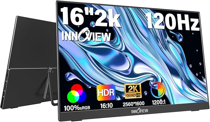 InnoView 16" 2.5K 120Hz Portable Monitor Built-in Speakers and Kickstand & VESA 100% sRGB QHD 400 Nits | 2 Type-C & HDMI | Eye Care | Travel Monitor for Laptop/Switch/PS5/Xbox (Adapter Excluded)