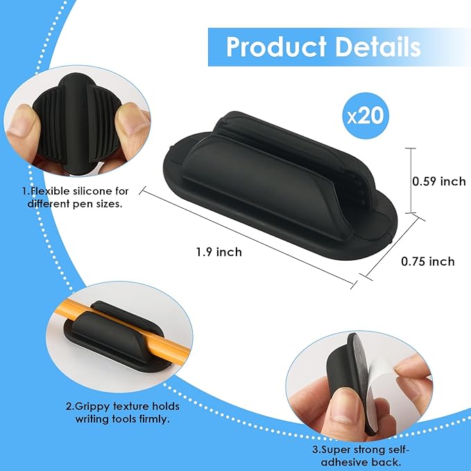 20 PCS Adhesive Pencil Holders for Desk, Silicone Pencil Holder for Desk and Notebook, Marker Holder for Clipboard and Wall, Classroom School Office Desk Accessories, Teacher Supplies