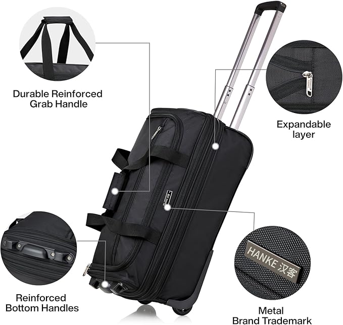 Hanke Expandable Carry On Luggage Suitcases with Wheels Foldable Duffle Bag for Travel Carry On suitcase Weekend Bag for Women Men（Black）