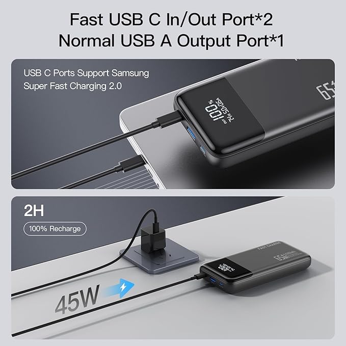 2025 Laptop Portable Charger Power Bank, 26800mAh 65W Compact USB C Laptop Power Bank, PD QC Fast Charging 3-Output Battery Pack for MacBook iPad Tablet Steam Deck iPhone 17 16 15 14 Samsung S24