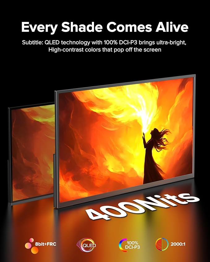 Portable Monitor 4K 23.8", 3840x2160 UHD 24" QLED Large Monitor, 400 Nits | 100% DCI-P3 | USB-C & HDMI | VESA & Kickstand | Second Screen for Computer, Mini PC, Game Consoles