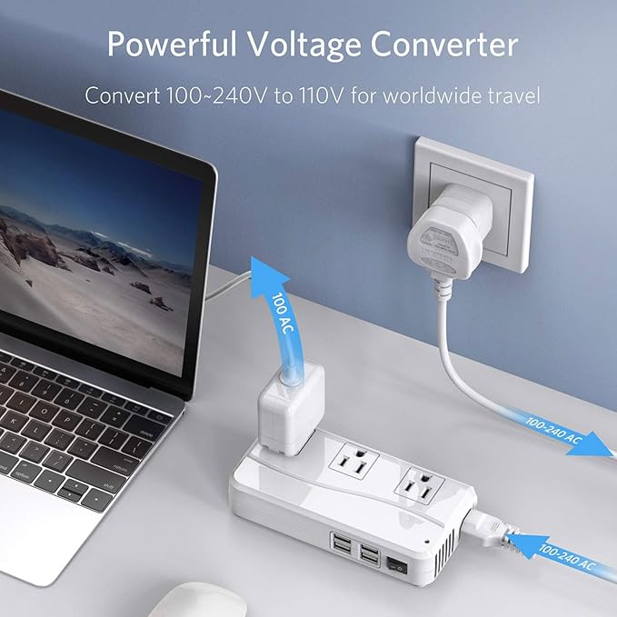 BESTEK Universal Travel Adapter 100-220V to 110V Voltage Converter 250W with 6A 4-Port USB Charging 3 AC Sockets and EU/UK/AU/US/India Worldwide Plug Adapter (03 UK Plug White)