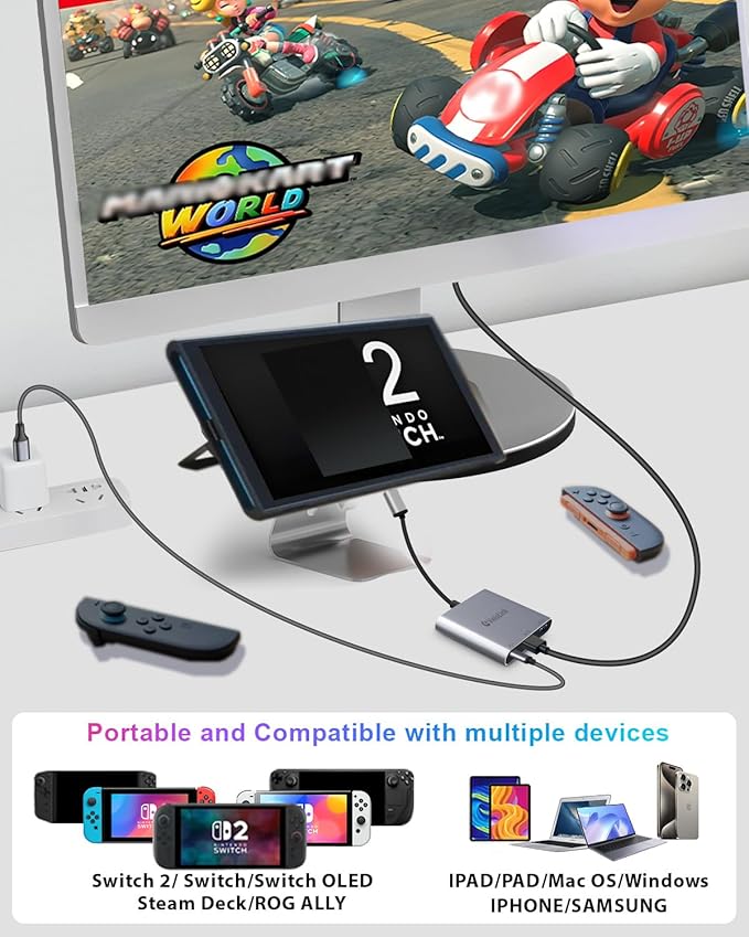 Switch 2 Dock Station with PD Charger Port +4K HDMI 2.1+ USB A Port, Switch 2 Portable Dock for Nintendo Switch 2 Docking Station USB c to hdmi Compatible with Switch1/ Switch 2, MacBook,Laptops
