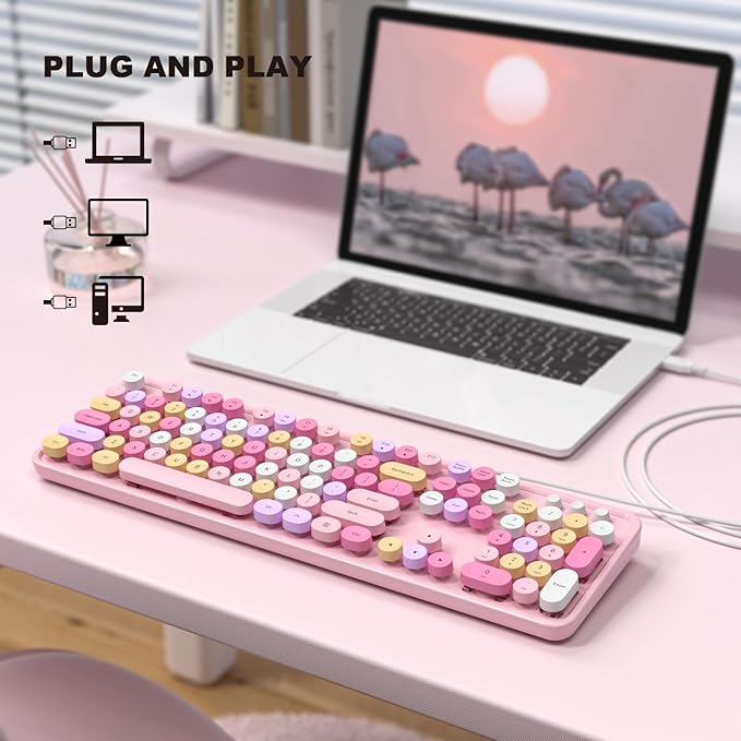 Colorful Computer Keyboards Wired, USB Plug and Play Full Size Typewriter Keyboard, Cute Aesthetic Keyboard with Foldable Stands for Windows PC Laptop (Pink)