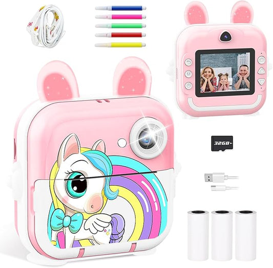 Kids Camera Instant Print Girls Boys, 2,4" HD 1080P, 32GB Card, with Photo Paper and Colored Pens, Instant Camera Holiday Birthday Gifts, Printable Toddler Portable Travel Print Toy (Pink)