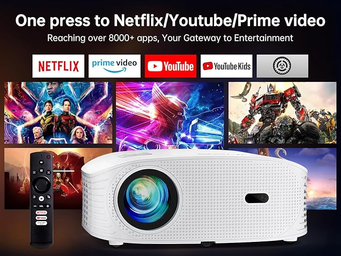 GooDee Smart 4K 1080P Projector - Video Projector with WiFi and Bluetooth, Movie Outdoor Projector for Home Theater Dolby Audio Zoom Portable Projector TV Stick, Netflix/Amazn Prime Video Certified