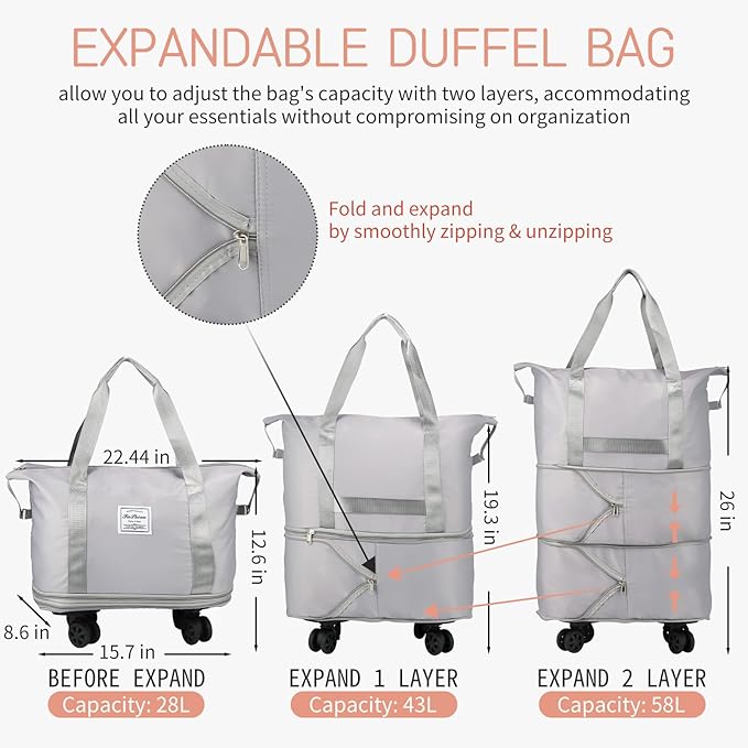 VOOWO Rolling Duffle Bag, Expandable Foldable Carry On Luggage with Wheels, Large Weekend Bag (Grey)