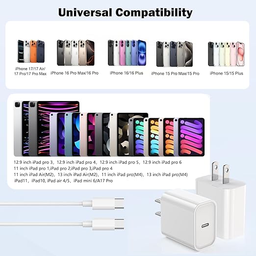 iPhone 17 16 15 Charger Fast Charging,2 Pack Type C Wall Charger Block with 3.3FT Fast Charging USB C to C Cable for iPhone 17/Air/17 Pro/17 Pro Max/iPhone 16/16 Pro/16 Pro Max/15 Pro,iPad Pro/AirPods