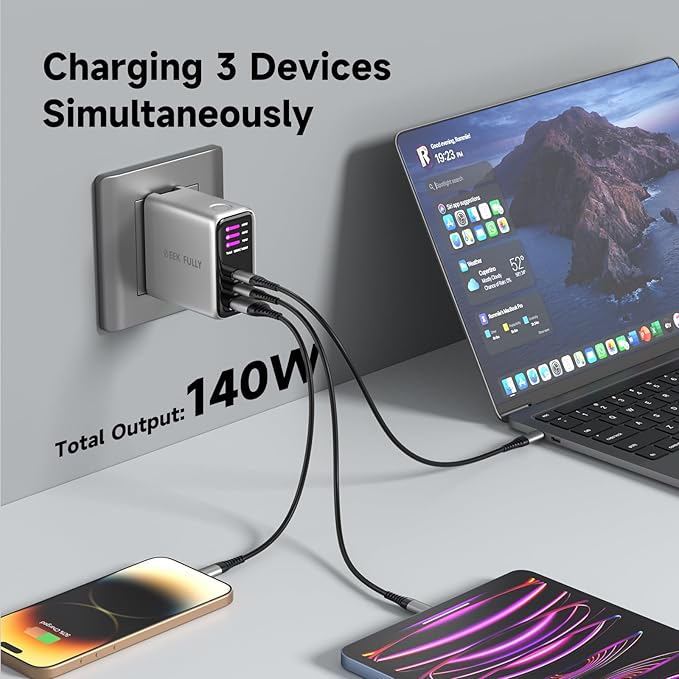 140W MAX USB C Charger | 3-Port Fast Charging Station (2xUSB-C PD3.1 + USB-A QC3.0) | Intuitive Touch Controls, for for MacBook, iPhone 17/16 Series, Samsung Galaxy, Pixel and More