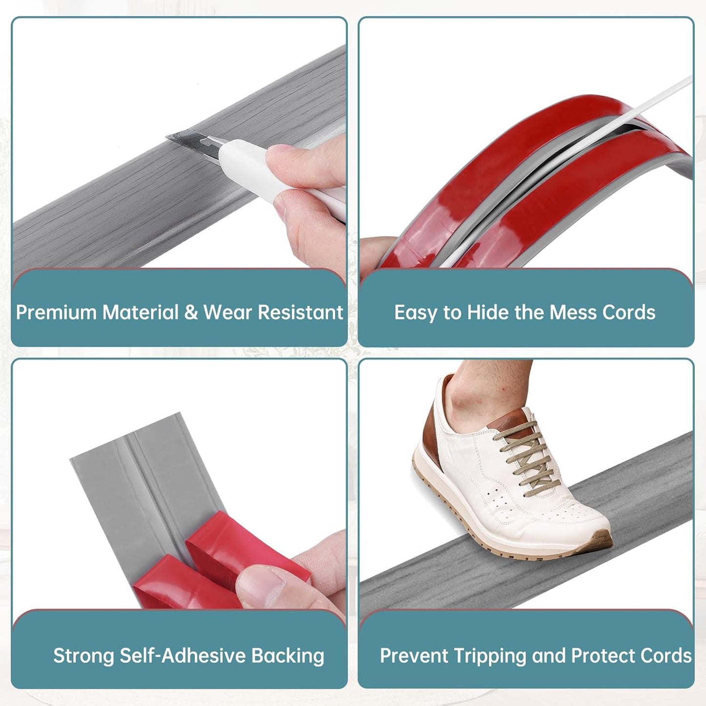 Floor Cord Cover Self Adhesive Cord Hider Floor Extension Cord Covers for Floor Power Cord Protector Cable Management Prevent Cable Trips Cable Cavity 0.47" W x 0.27" H (Light Grey Wood, 10Ft)