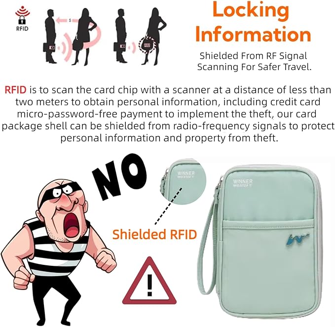 P-H1 Travel Family Passport Holder RFID Blocking Passport Waterproof Wallets for Men Women Travel Document Organizer Cards Case, Lightweight Portable Passport Cover with Zipper Pocket (Mint)