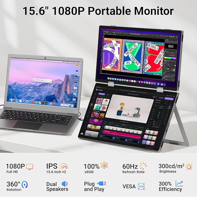 ELECROW Laptop Screen Extender 15.6" 1080P Dual Portable Monitor, USB C HD 360° Rotation Foldable Travel Extended Computer Display with Stand for Laptop PC Windows Mac, VESA Mountable (Plug & Play)