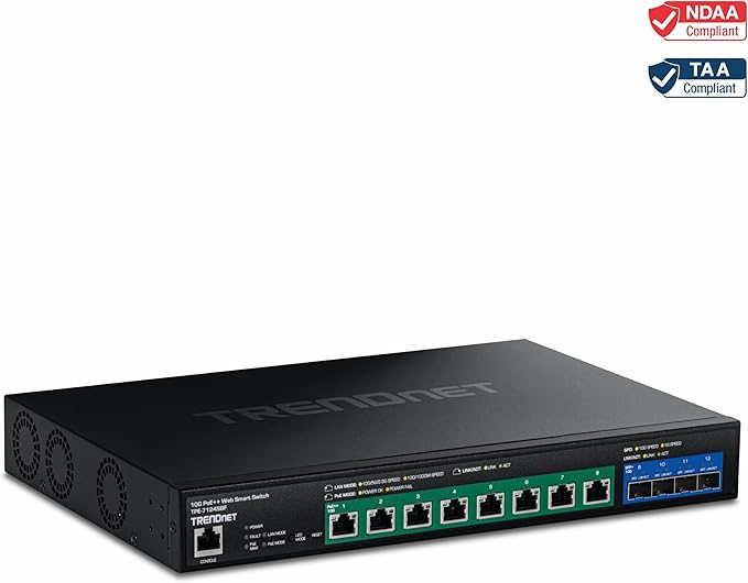 TRENDnet 12-Port 10G PoE++ Web Smart Switch, TPE-7124SBF, 720W PoE Power Budget, 8 x 10G PoE++ Ports, 4 x 10G SFP+ Ports, NDAA TAA Compliant, 1U 19" Rack Mountable, Lifetime Protection