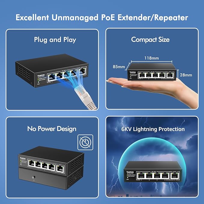 YuanLey 5 Port PoE Extender Gigabit with 4 PoE Out, 90W in, IEEE 802.3af/at/bt Mini 5 Channel Switch1000Mbps, Metal Casing, 6KV Lightning Protection, Passthrough Switch, Plug and Play