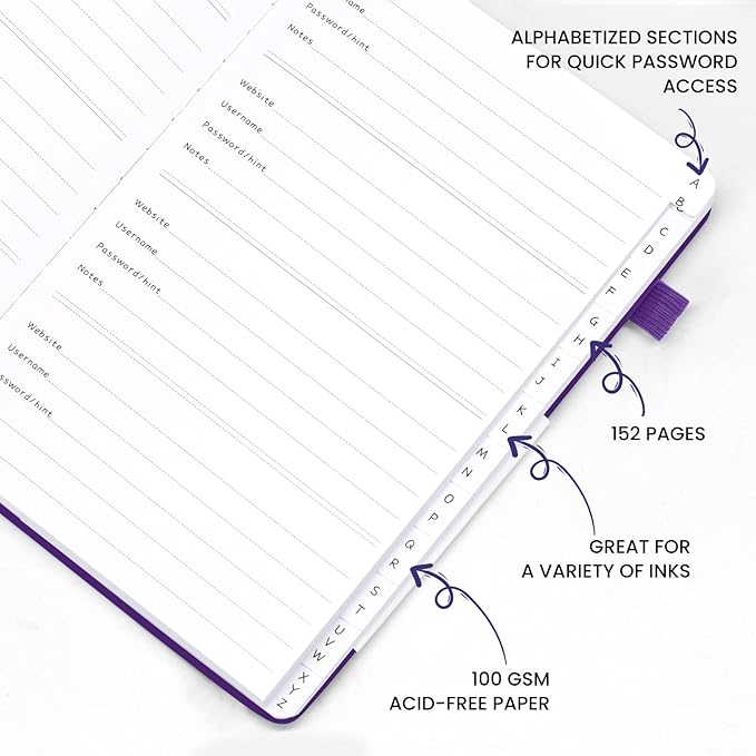Password Book with Alphabetical Tabs, Hardcover Password Keeper, A5 Size 8.3"x6" Password Notebook for Saving Internet Login, Username, Password Organizer for Computer & Website Logins, Pruple