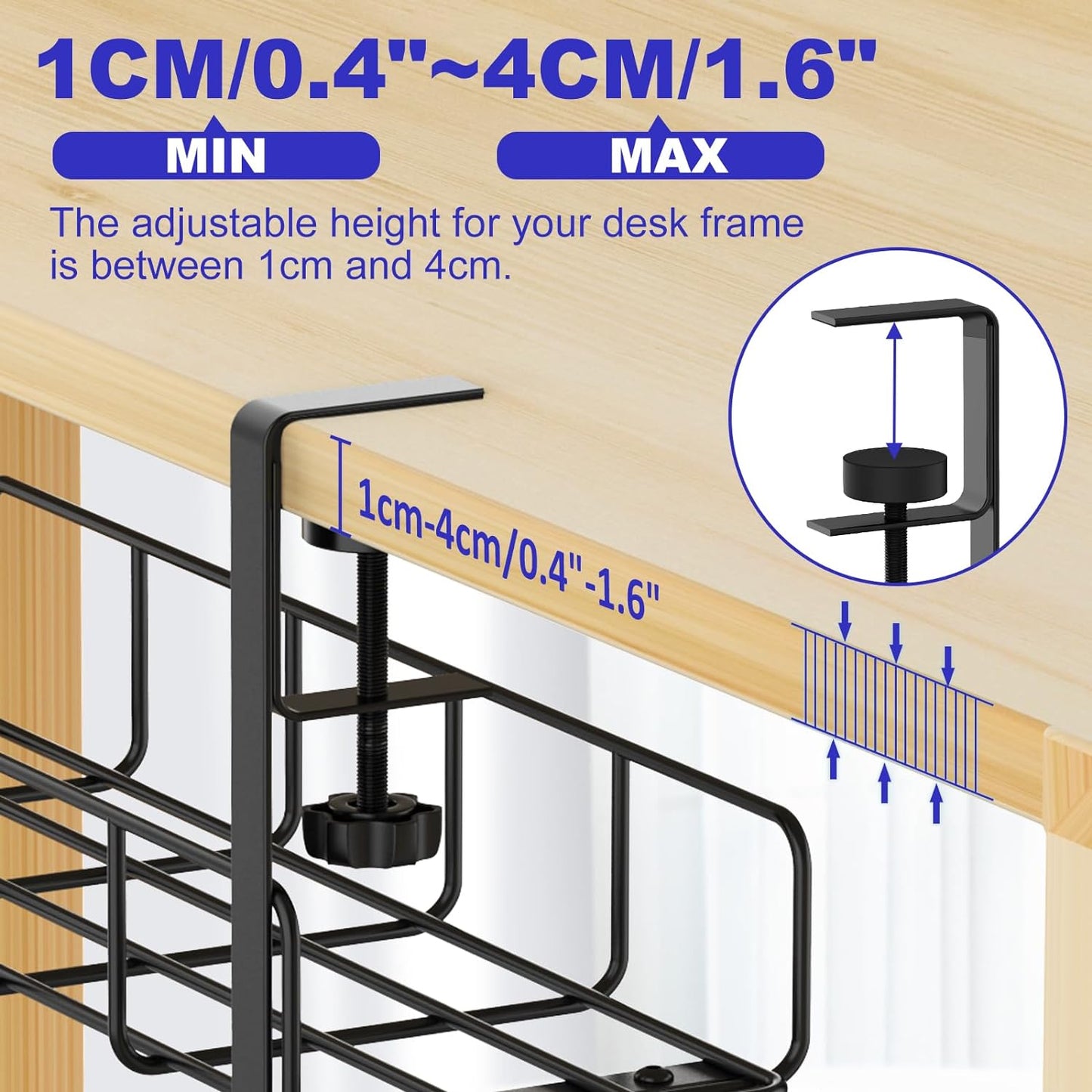 Under Desk Cable Management Tray, 31.5'' No Drill Steel Cable Tray Organizers, Wire Management Tray Cable Rack with Clamp Mount, Metal Under Desk Tray with Wire and Cord Organizer