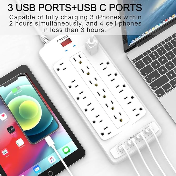 18 Outlets Surge Protector Power Strip - 20 Feet Flat Plug Heavy Duty Extension Cord with 18 Widely Outlets and 4 USB Ports, 2100 Joules, White, ETL Listed