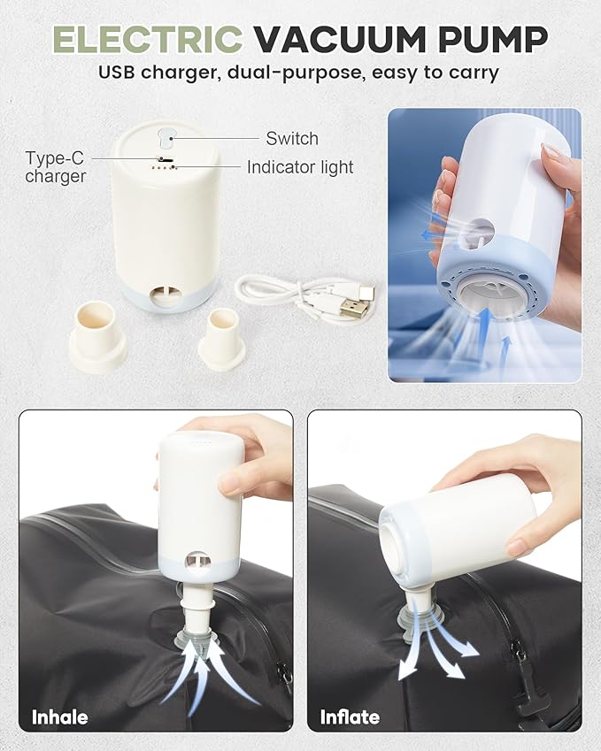 Vacuum Travel Backpack with Pump for Women, Personal Item Carry on Backpacks Flight Approved 18x14x8 inches for Men,Laptop Waterproof Work Compression bags Casual Daypack YYWhite