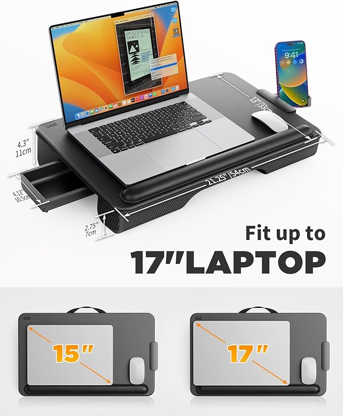 SAIJI Laptop Lap Desk, Portable Laptop Desk for Bed - Fits Up to 17" Laptops & MacBook,Lightweight Lap Tray Table with Storage Drawer, Lap Desk with Cushion, Lap Stand for Bed & Couch