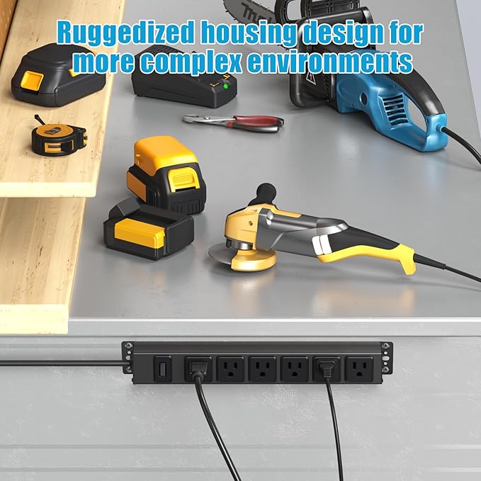 Magnetic Wall Mount Power Strip, Under Desk 6 Outlet Mountable Socket, Metal Long Heavy Duty Surge Protector for Garage, Gaming Table Or Workspace, 15FT Extension Cord.