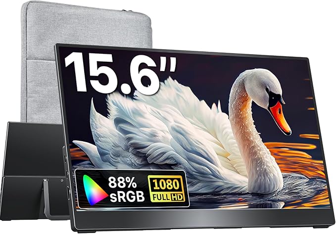 Portable Monitor 15.6 inch 1080P FHD 88% sRGB 60Hz, Travel Monitor for Laptop MacBook Surface PC Xbox PS5, HDMI Dual USB-C VESA Compatible Built-in Speaker, with Stand