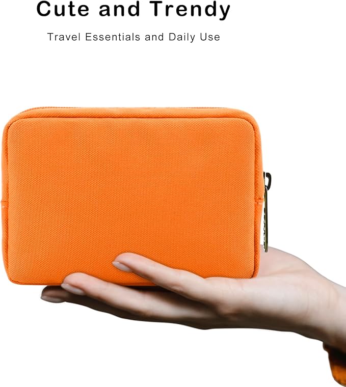 E-Tree Cute Small Makeup Bag,Cosmetic Toiletry Make up Skin Care Little Items Pouch for Purse,Zipper Mini Tech Charger Cable Electronic Organizer Case,Travel Accessories for Women Men Teen,Orange