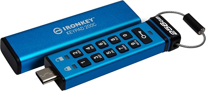 Kingston Ironkey Keypad 200 USB-C 256GB Encrypted Flash Drive | OS Independent | FIPS 140-3 Level 3 | XTS-AES 256-bit | BadUSB and Brute Force Protection | Multi-Pin Option | IKKP200C/256GB