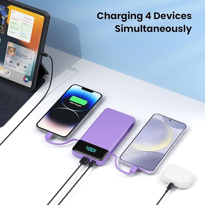 Portable Charger for iPhone with Built in Cables and Wall Plug,Upgraded 13800mAh Fast Charging USB C Power Bank,4 Outputs Travel Essential Battery Pack Compatible with iPhone 15/14/13,Samsung-Purple