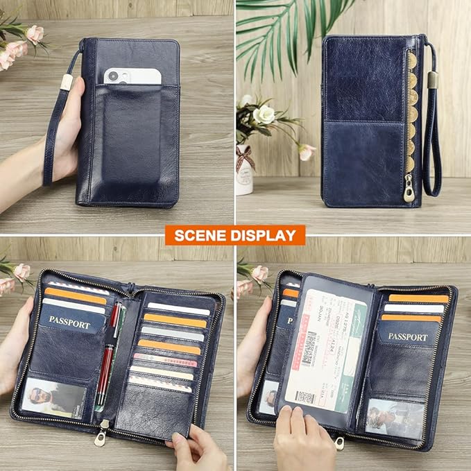 CONTACTS Passport Wallet Leather Family Passport Holder for 4 Travel Documents Organizer RFID Blocking Zipper Blue Card Wallet with 13 Card Slot