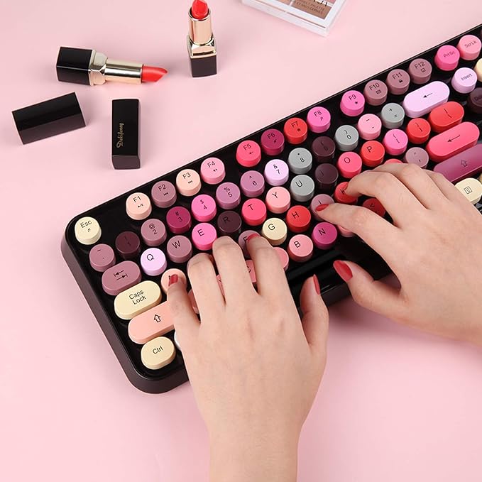 Letton USB Retro Typewriter Keyboard, Wireless Full Size with 104 Colorful Round Key and Cute Mouse with 3 DPI, 2.4GHz for Office Computer Laptop Mac PC-Black