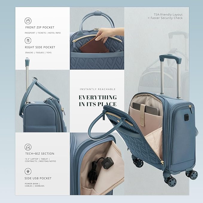 Verage 18x14x8in Spinner Underseat Carry-On Luggage -Airplane Personal Item Bag, USB A&C Charging Port, Padded Laptop Pocket & Wet/Dry Compartments for Women, Haze Blue