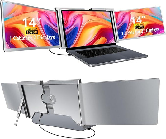 Laptop Screen Extender 14“ Monitors, Work for macOS [Included M1/M2 M3]，Windows, Triple Portable 1080P Tri-Screen USB A/Type C Portable Monitor for 14"-17.3" Laptop(1 Cable)