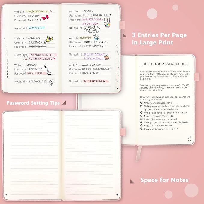 JUBTIC Password Book with Alphabetical Tabs, Small Size Internet Address & Password Keeper Logbook, Password Notebook Journal for Computer & Website Logins, Rose Gold