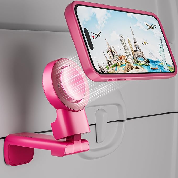 MiiKARE Travel Essentials Magnetic Airplane Phone Holder, Universal Handsfree Phone Mount for Flying with 360 Degree Rotation, Travel Must Haves Phone Stand for Desk, Tray Table, BarbiePink