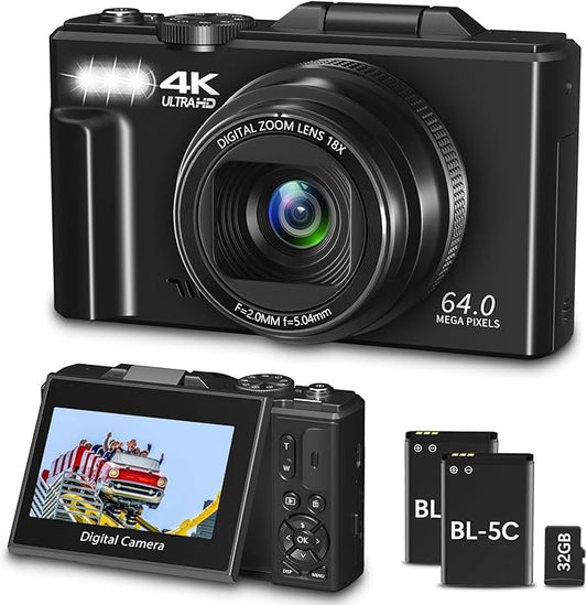 Digital Camera for Photography, WiFi 64MP 4K Vlogging Camera for YouTube, 3" 180° Flip Screen 18X Digital Zoom Compact Vlog Travel Cameras with 32GB TF Card & 2 Batteries, Black