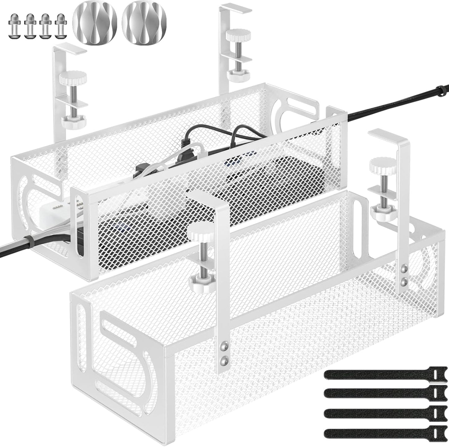 Under Desk Cable Management Tray, 15.7'' No Drill Steel Desk Cable Organizers, Wire Management Tray Cable Management Rack (2 Packs-White)