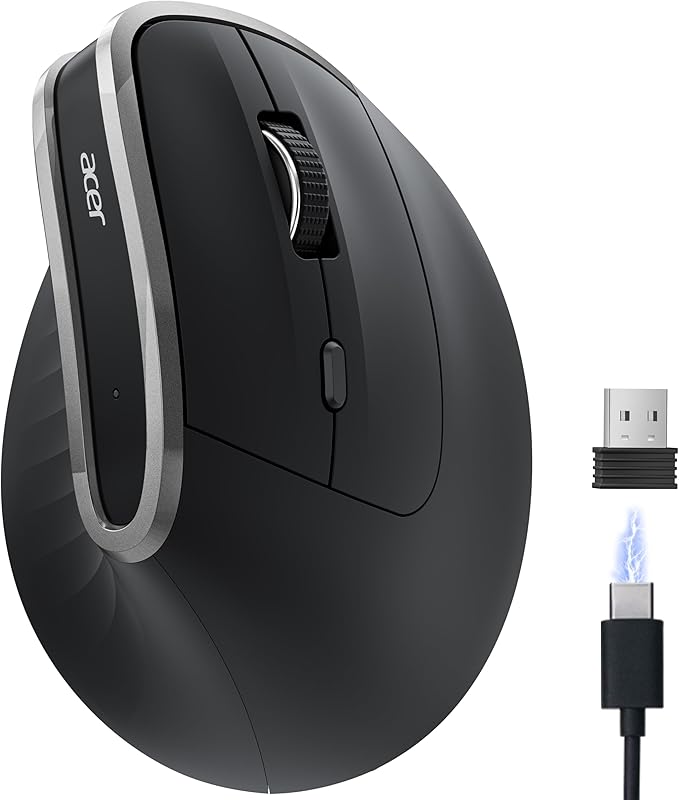 acer Ergonomic Mouse Wireless, Vertical Computer Mouse for Office, Ergo Mice Rechargeable for Right Hand, 2.4GHz USB Receiver, 800/1200/1600 DPI, 6 Buttons for Laptop, PC and Desktop