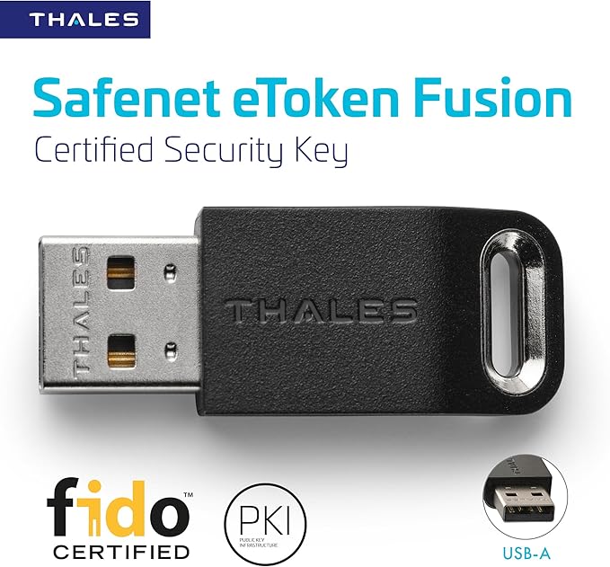 Thales - SafeNet eToken Fusion - Phishing-Resistant FIDO2 Certified Security Key for Digital Certificates or Web Apps & Desktop Authentication - USB-A