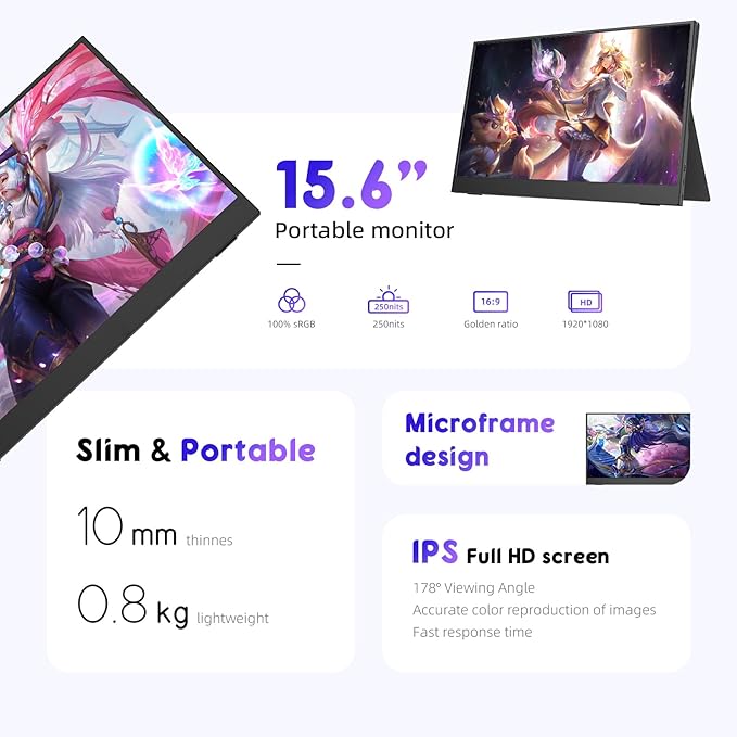 Portable Monitor 15.6", FHD 1080P USB-C HDMI Speakers Gaming Ultra-Slim IPS Display Small Screen for Laptop/PC/Phone, Gaming Monitor & PC Monitor with Magnetic Leather Cover