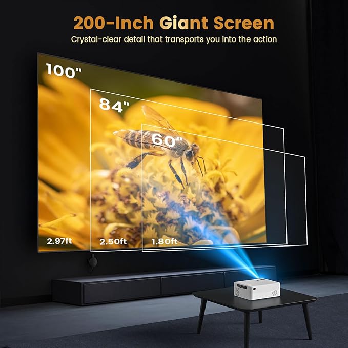 Mini Portable Projector with Wifi and Bluetooth, Native 1080P Full HD Smart Projector , 300 ANSI, Compatible with Smartphone, HDMI, USB for Home, Bedroom, Outdoor Use （White）