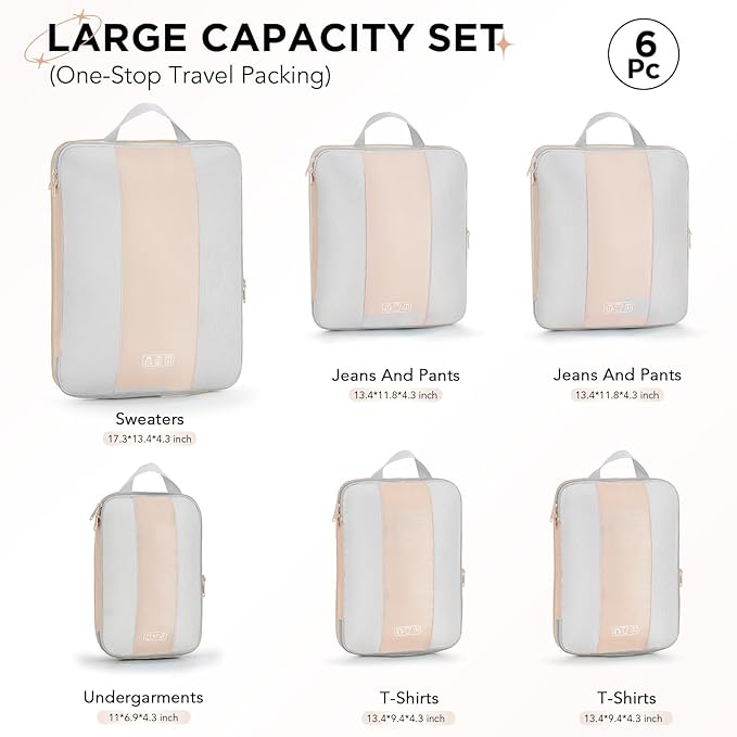 6 Set Compression Packing Cubes for Travel Essentials,Compressible Expandable Packing Cubes for Suitcase,OlarHike Luggage Organizer Bags for Travel,Handy Helper for Organizing Clothes(Beige)