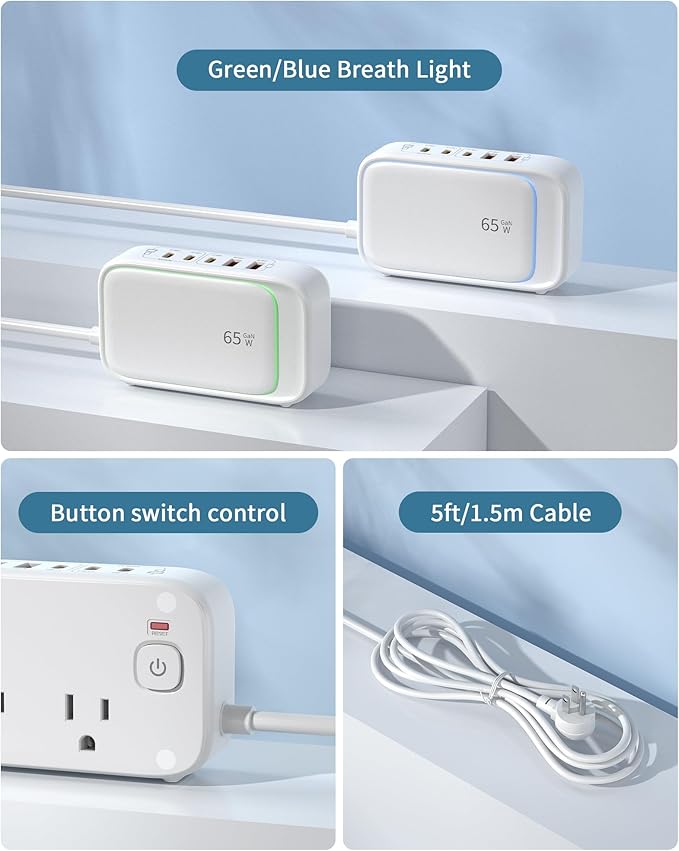 USB Charging Station for Multiple Devices PD 65W USB Power Strip Surge Protection 1200J, 5FT Flat Extension Cord Desktop USB Charging Hub for Travel,Home,Office,School,Dorm(White, 65w)