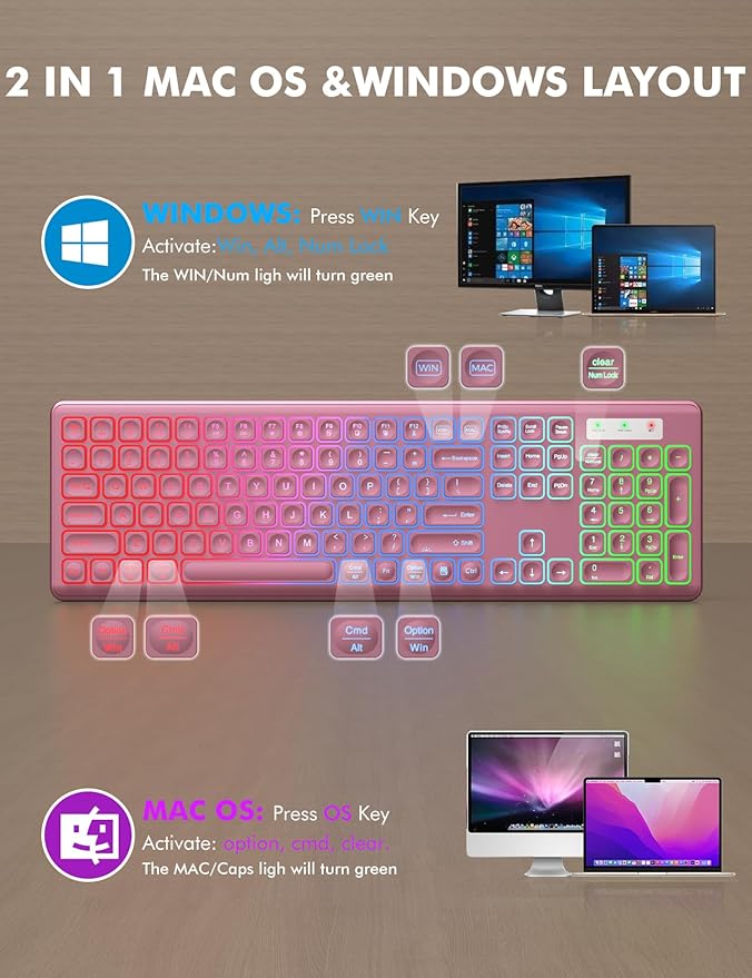 Wireless Keyboard and Mouse Combo - RGB Backlit, Rechargeable & Light Up Letters, Full-Size, Ergonomic Tilt Angle, Sleep Mode, 2.4GHz Quiet Keyboard Mouse for Mac, Windows, Laptop, PC