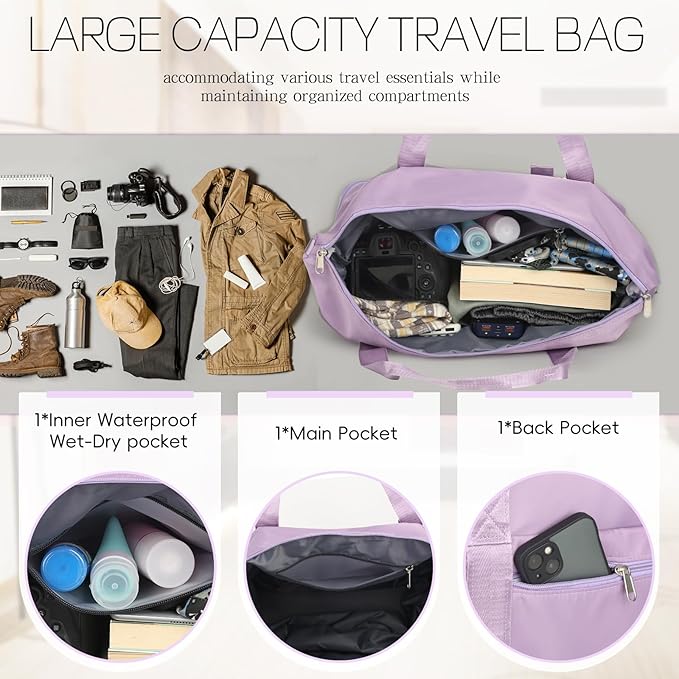 VOOWO Duffel Bag with Wheels - Rolling Foldable Expandable Duffle Bag with Wheels for Travel, Rolling Luggage Bag Carry On Travel Bag with Wheels, Large Wheeled Overnight Weekender Bag (Light Purple)