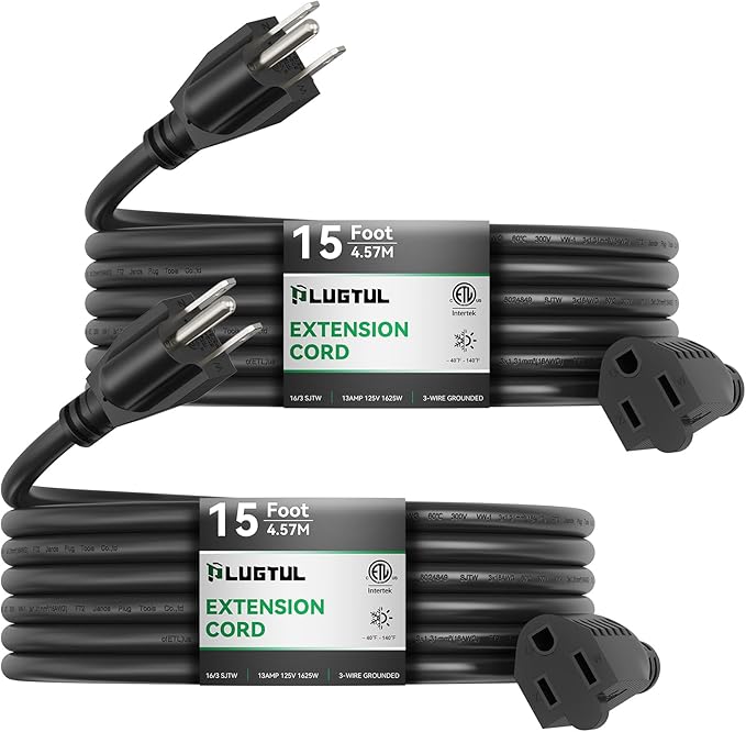 PLUGTUL 2-Pack 15 FT Outdoor Extension Cord Waterproof 16/3 Black Heavy Duty 3 Prong Extension Cord, 13A 1625W SJTW, ETL Listed, Great for Garden and Home