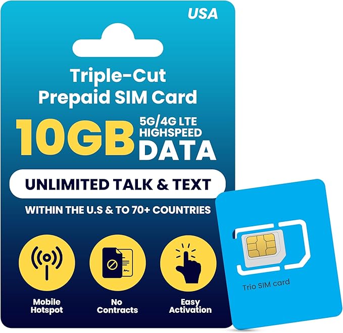 H2O Wireless 120-Day USA Physical Prepaid SIM Card with 10GB High-Speed 4G LTE/5G Data & 5GB Mobile Hotspot, Unlimited Data, Talk & Text to 70+ Countries, Triple-Cut US SIM Card for Cell Phones