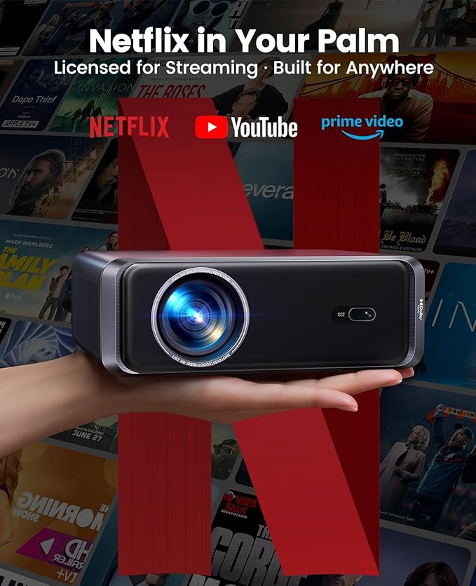 [Netflix-Licensed/Compact Design] Smart Outdoor Projector with WiFi6 and Bluetooth, 4K Supported Movie Projector, DoIby Audio w/ HDMI ARC, Built-in Apps, AI Auto Focus, Portable Home Proyector P65