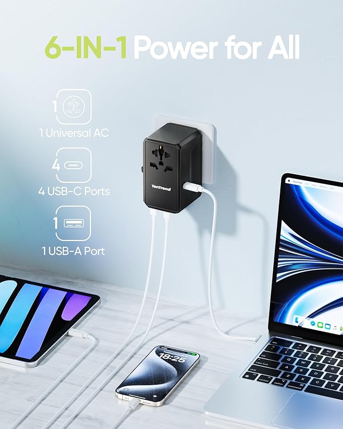 Universal Travel Adapter, 140W International Power Adapter with 4 USB-C & 1 USB-A Ports, European Travel Plug Adapter, Worldwide Travel Essentials for EU UK AUS USA
